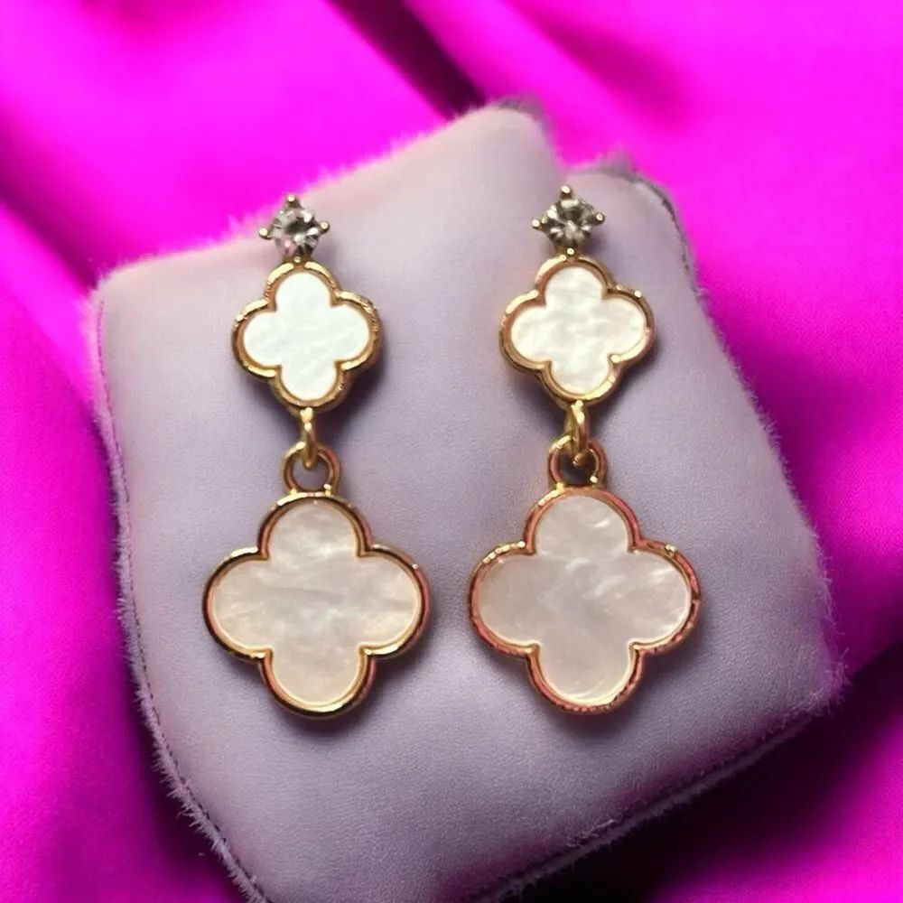 Designer Inspired Double White Clover Gold Tone Dangle Earrings